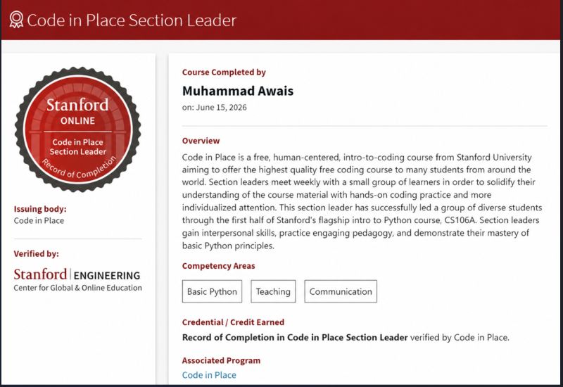 Stanford University - Code in Place Section Leader